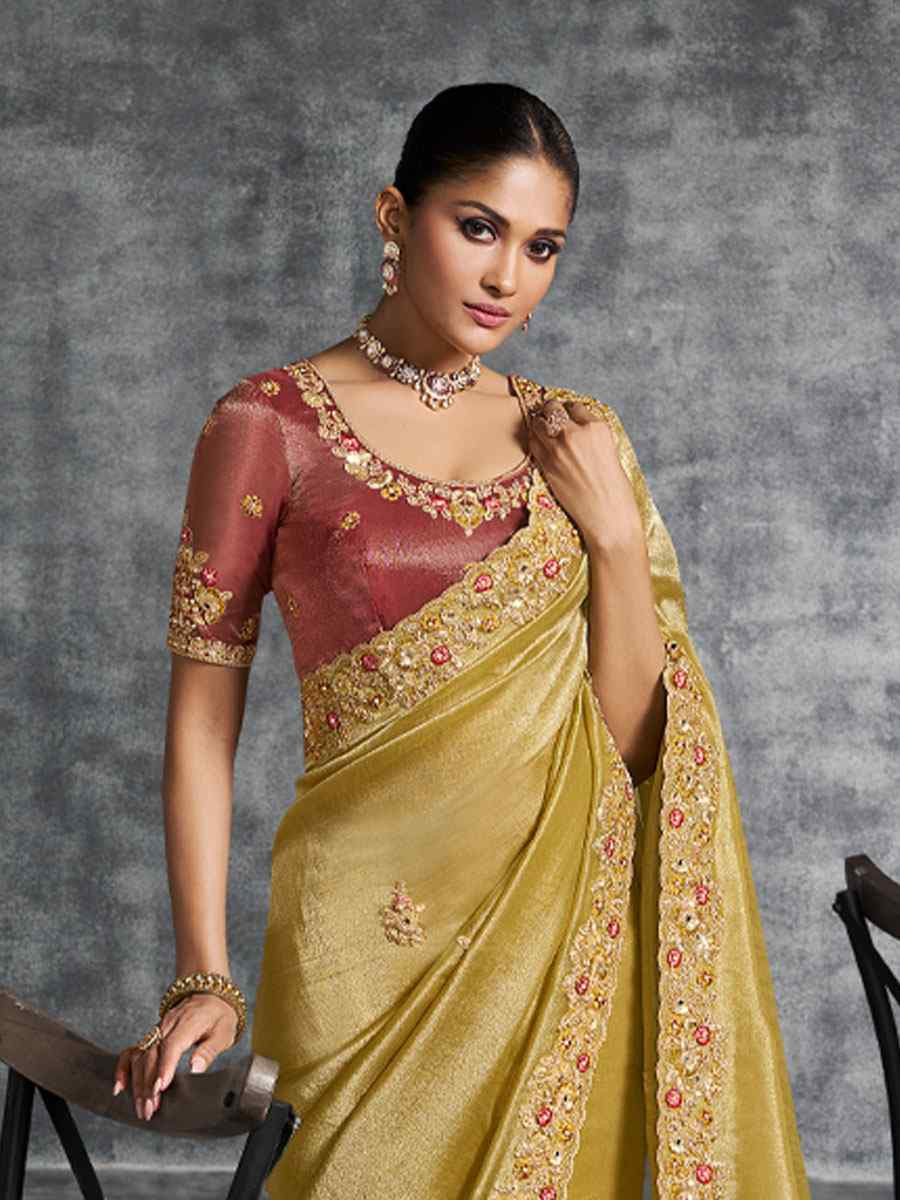 Mustard Premium Tissue Silk Embroidery Traditional Casual Reception Festival Wedding Fancy Heavy Border Saree