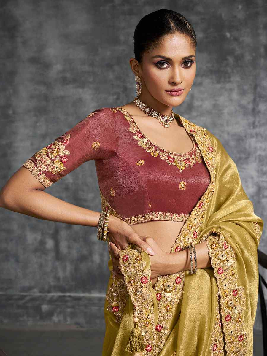 Mustard Premium Tissue Silk Embroidery Traditional Casual Reception Festival Wedding Fancy Heavy Border Saree
