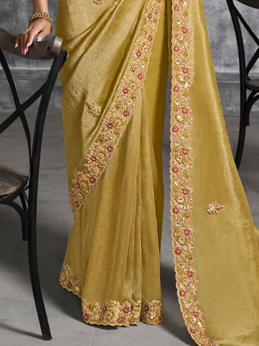 Mustard Premium Tissue Silk Embroidery Traditional Casual Reception Festival Wedding Fancy Heavy Border Saree
