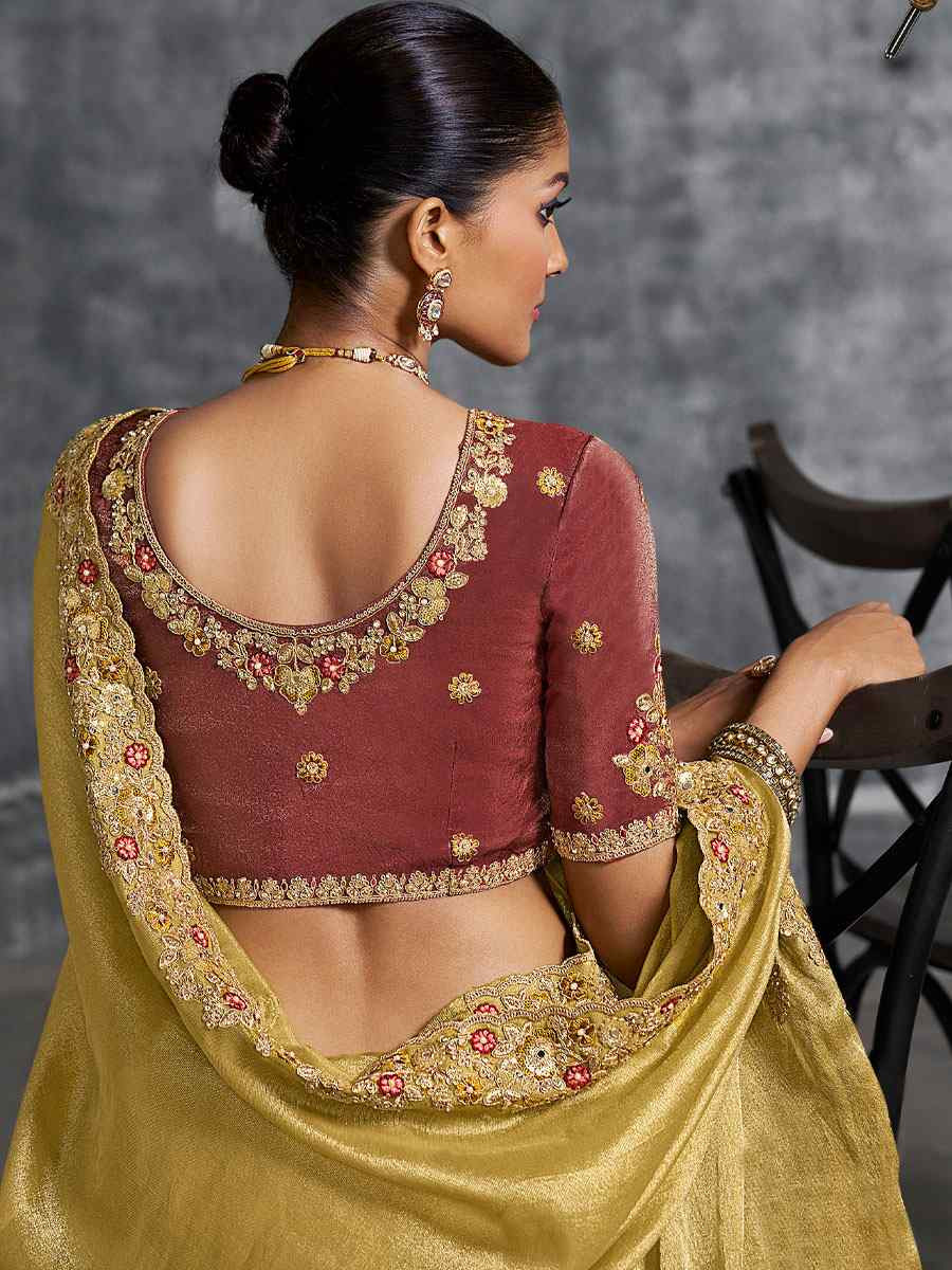 Mustard Premium Tissue Silk Embroidery Traditional Casual Reception Festival Wedding Fancy Heavy Border Saree