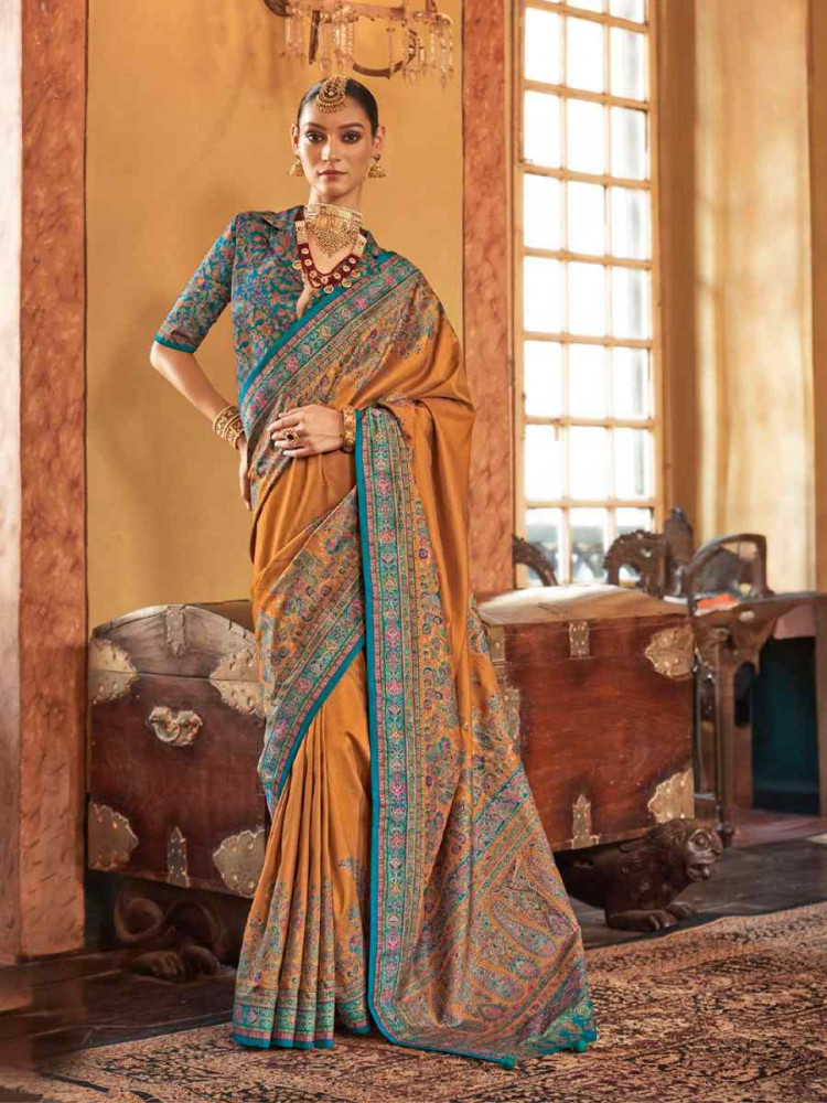 Mustard Printed Festival Wedding Fancy Heavy Border Saree