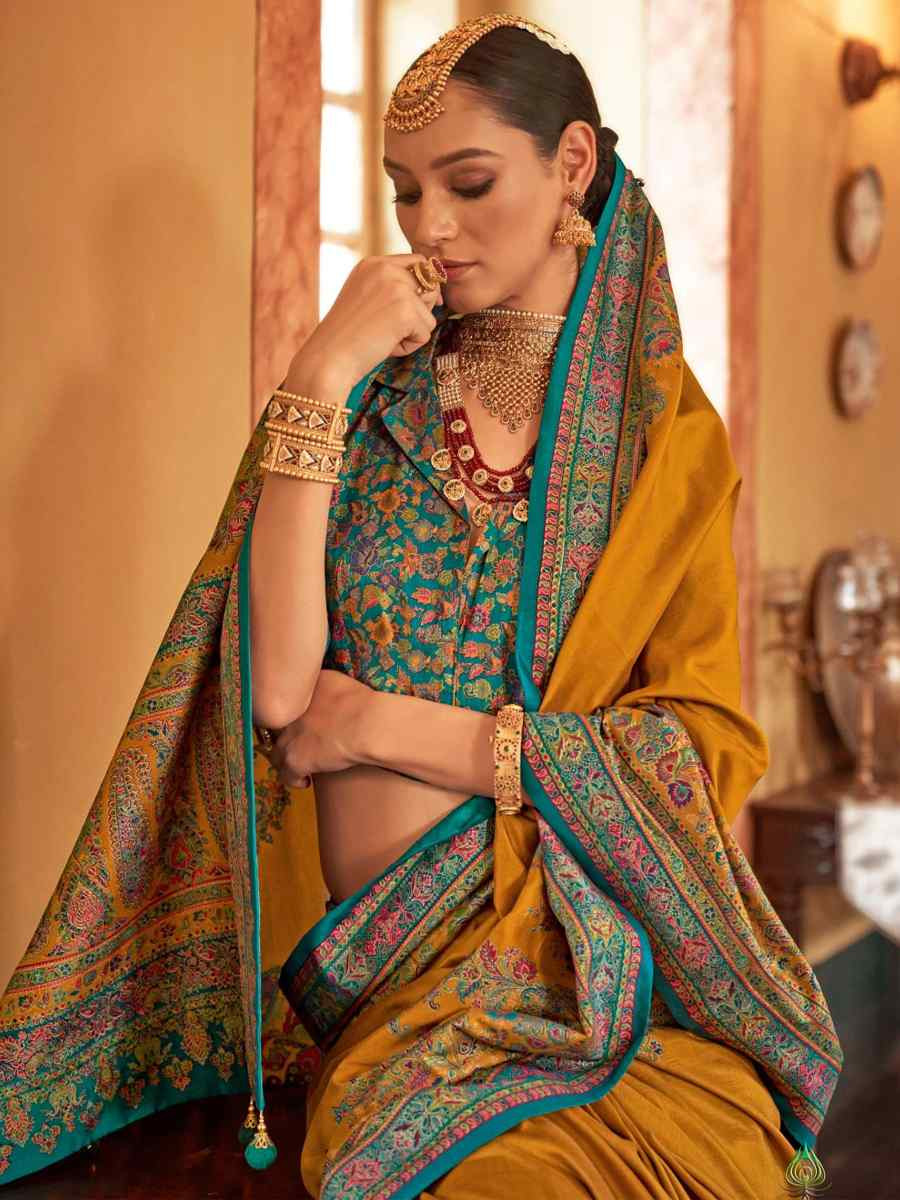 Mustard Printed Festival Wedding Fancy Heavy Border Saree