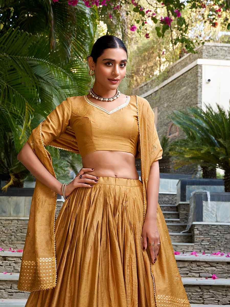 Mustard Pure Chanderi Embroidered Wedding Bridesmaid Heavy Border Lehenga Choli