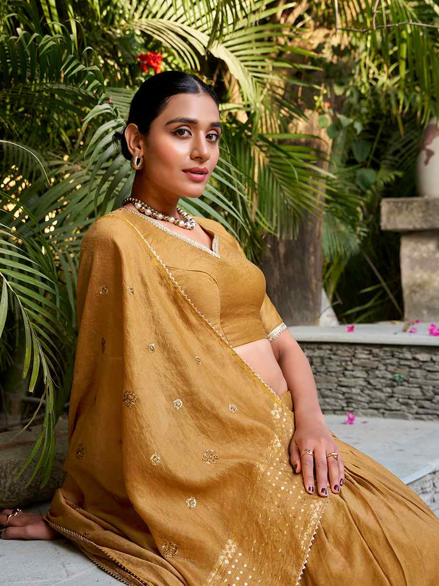 Mustard Pure Chanderi Embroidered Wedding Bridesmaid Heavy Border Lehenga Choli