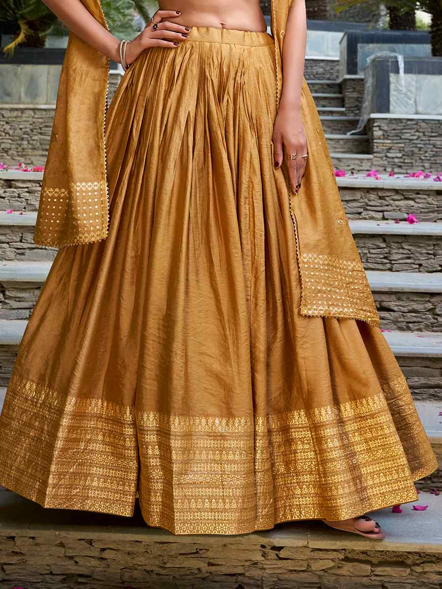 Mustard Pure Chanderi Embroidered Wedding Bridesmaid Heavy Border Lehenga Choli