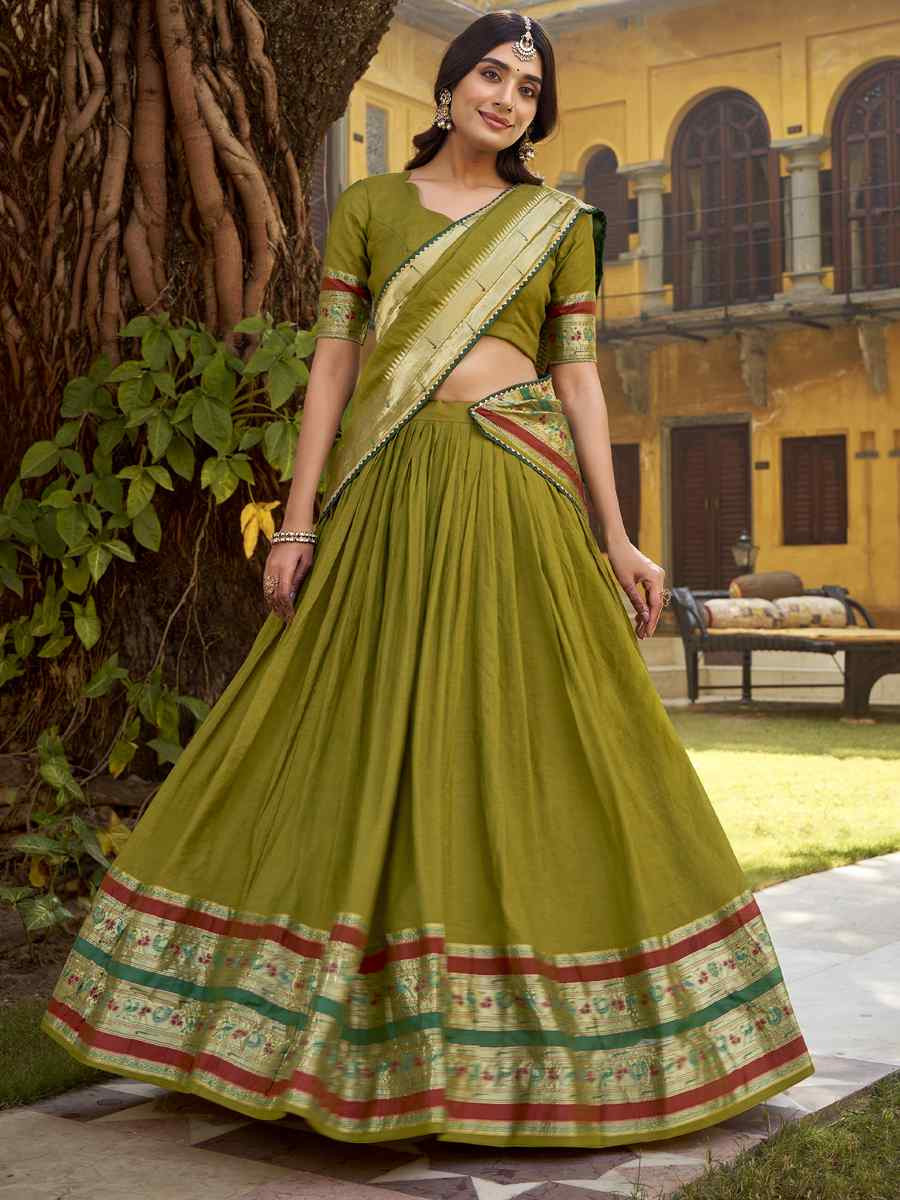 Mustard Pure Chanderi Zari Handwoven Wedding Reception Festival Heavy Border Lehenga Choli