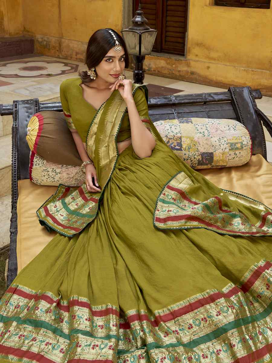 Mustard Pure Chanderi Zari Handwoven Wedding Reception Festival Heavy Border Lehenga Choli