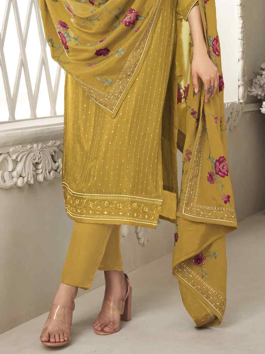 Mustard Pure Chinon Handwoven Casual Festival Pant Salwar Kameez