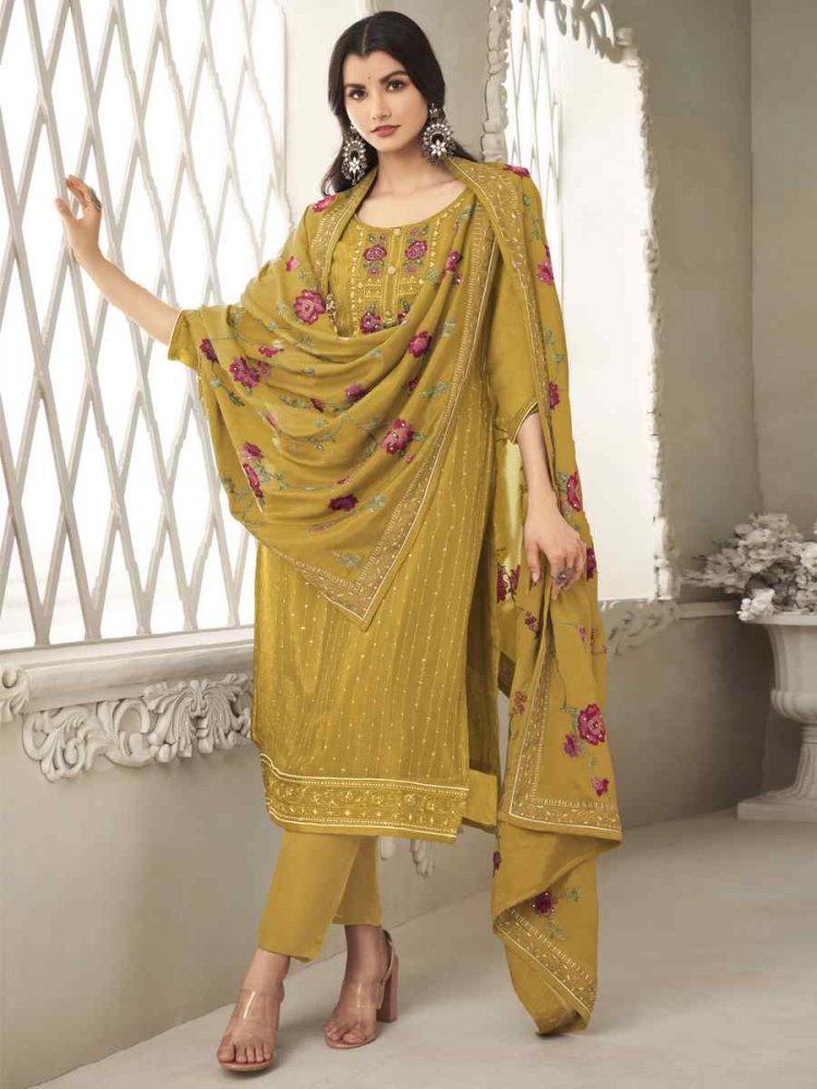 Mustard Pure Chinon Handwoven Casual Festival Pant Salwar Kameez