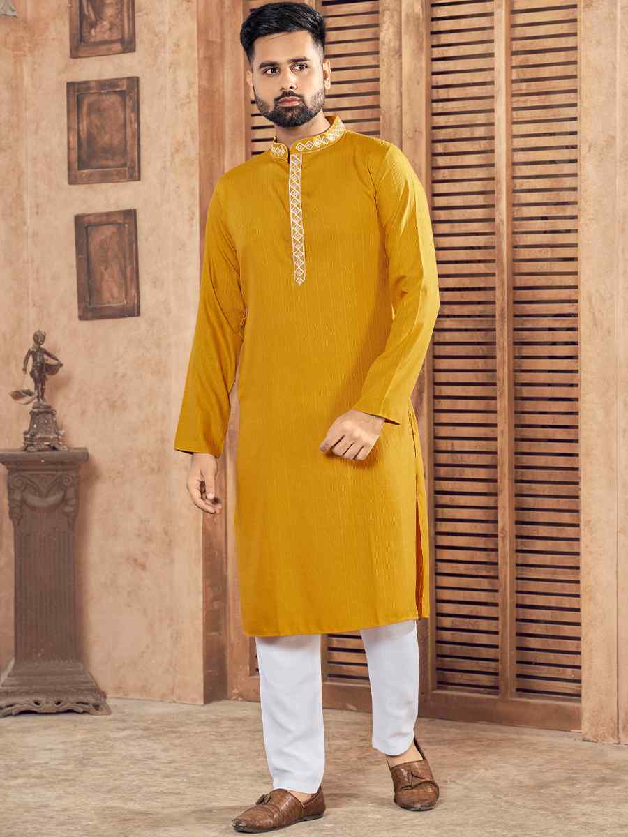 Mustard Pure Cotton Embroidered Festival Kurta