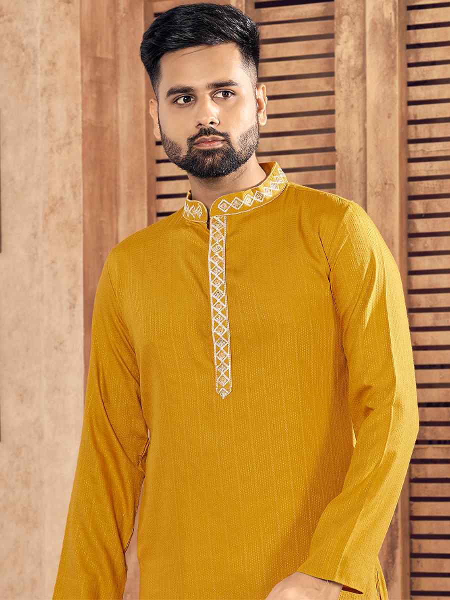 Mustard Pure Cotton Embroidered Festival Kurta