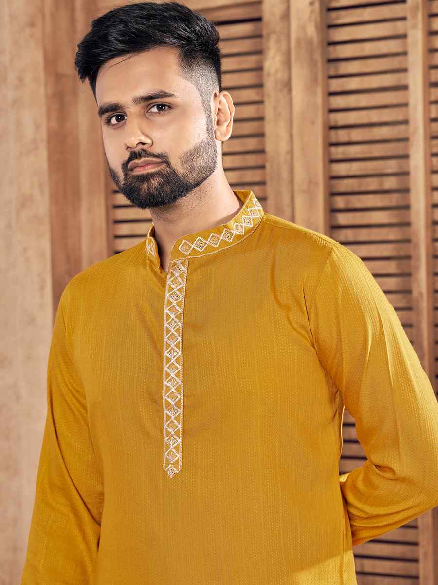 Mustard Pure Cotton Embroidered Festival Kurta