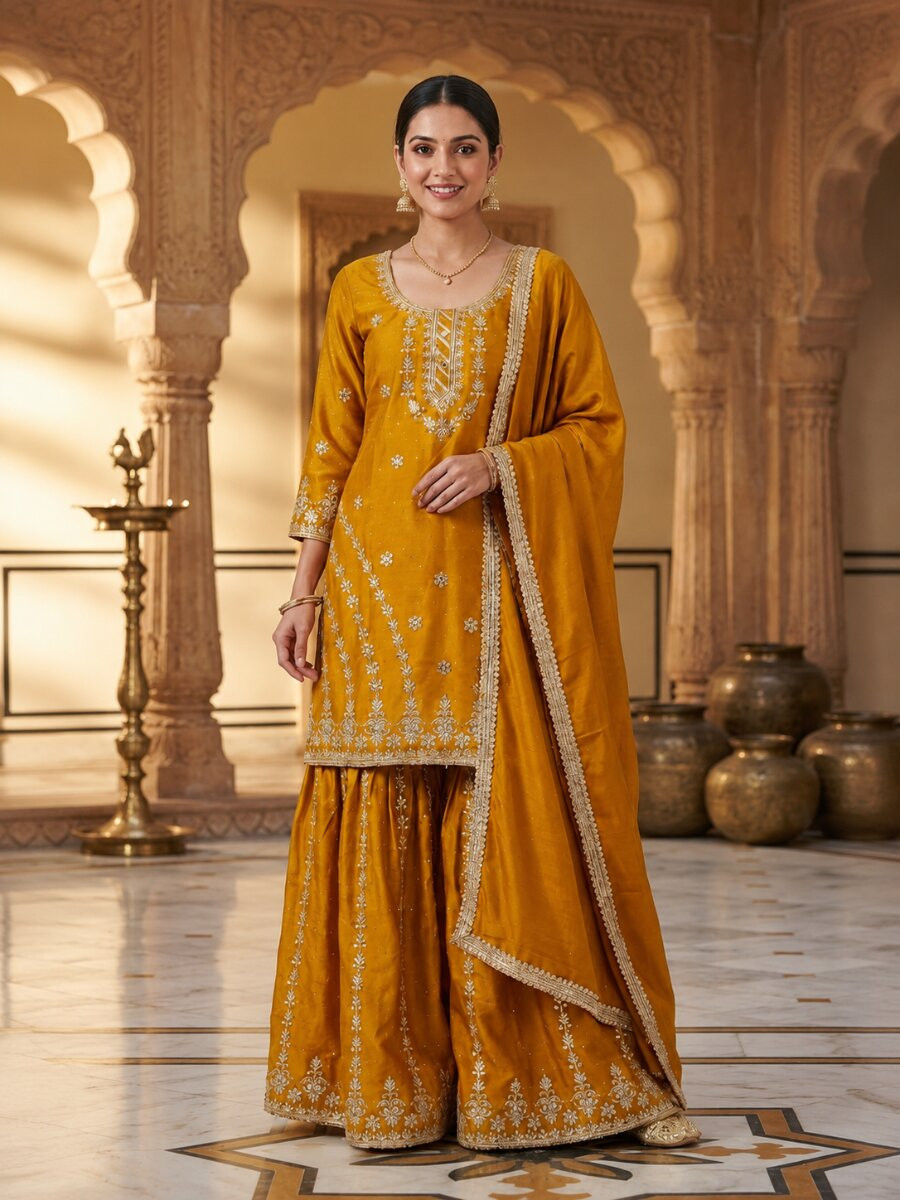 Mustard Pure Heavy Chinon Silk Embroidery Lace Work Wedding Party Festival Casual Ready Sharara Pant Salwar Kameez