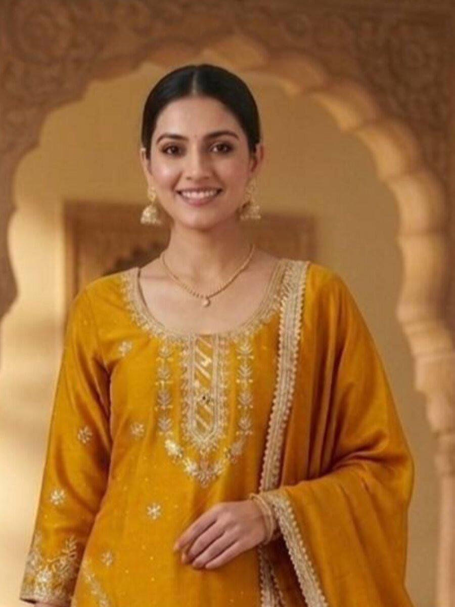 Mustard Pure Heavy Chinon Silk Embroidery Lace Work Wedding Party Festival Casual Ready Sharara Pant Salwar Kameez