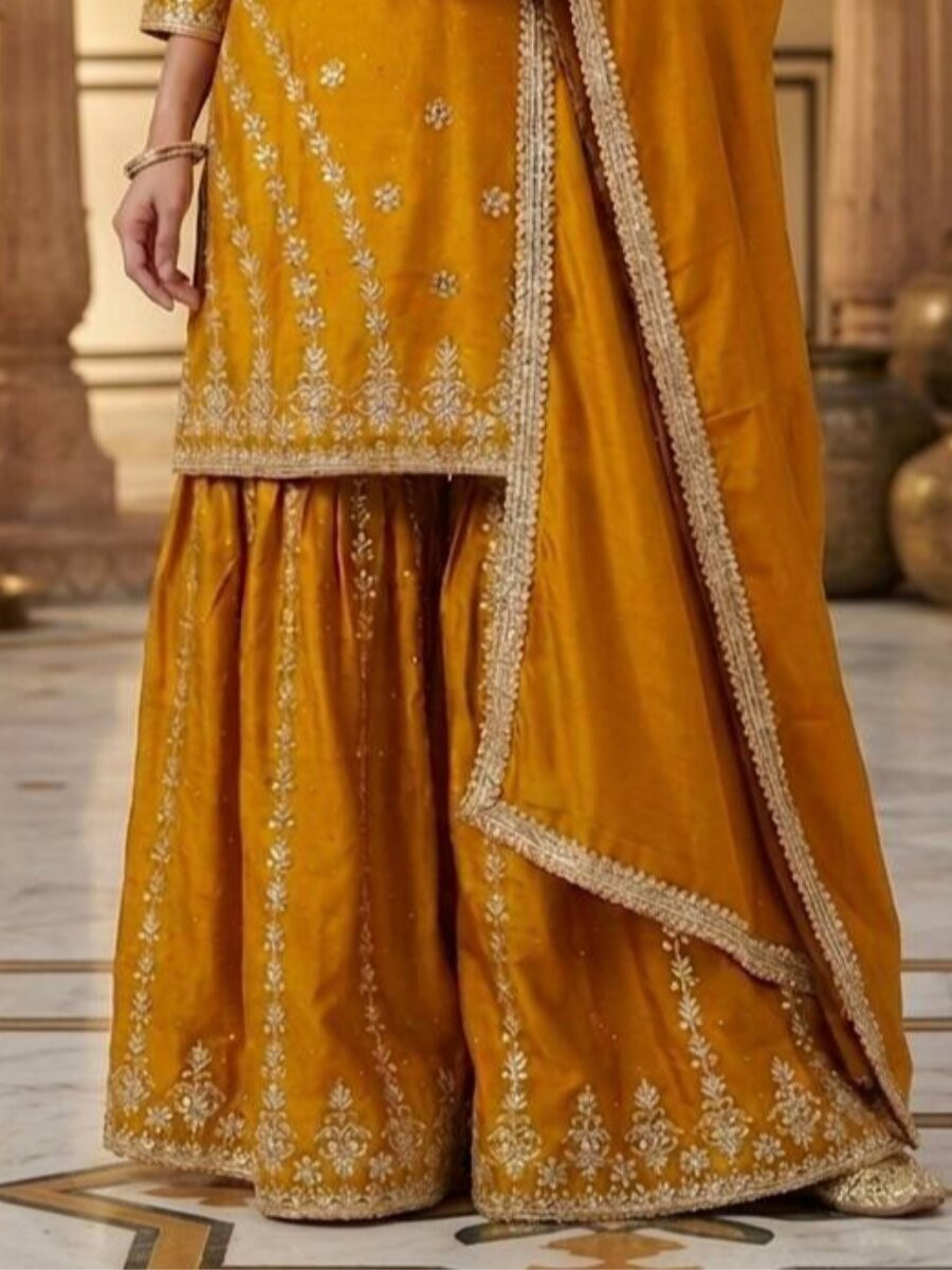 Mustard Pure Heavy Chinon Silk Embroidery Lace Work Wedding Party Festival Casual Ready Sharara Pant Salwar Kameez