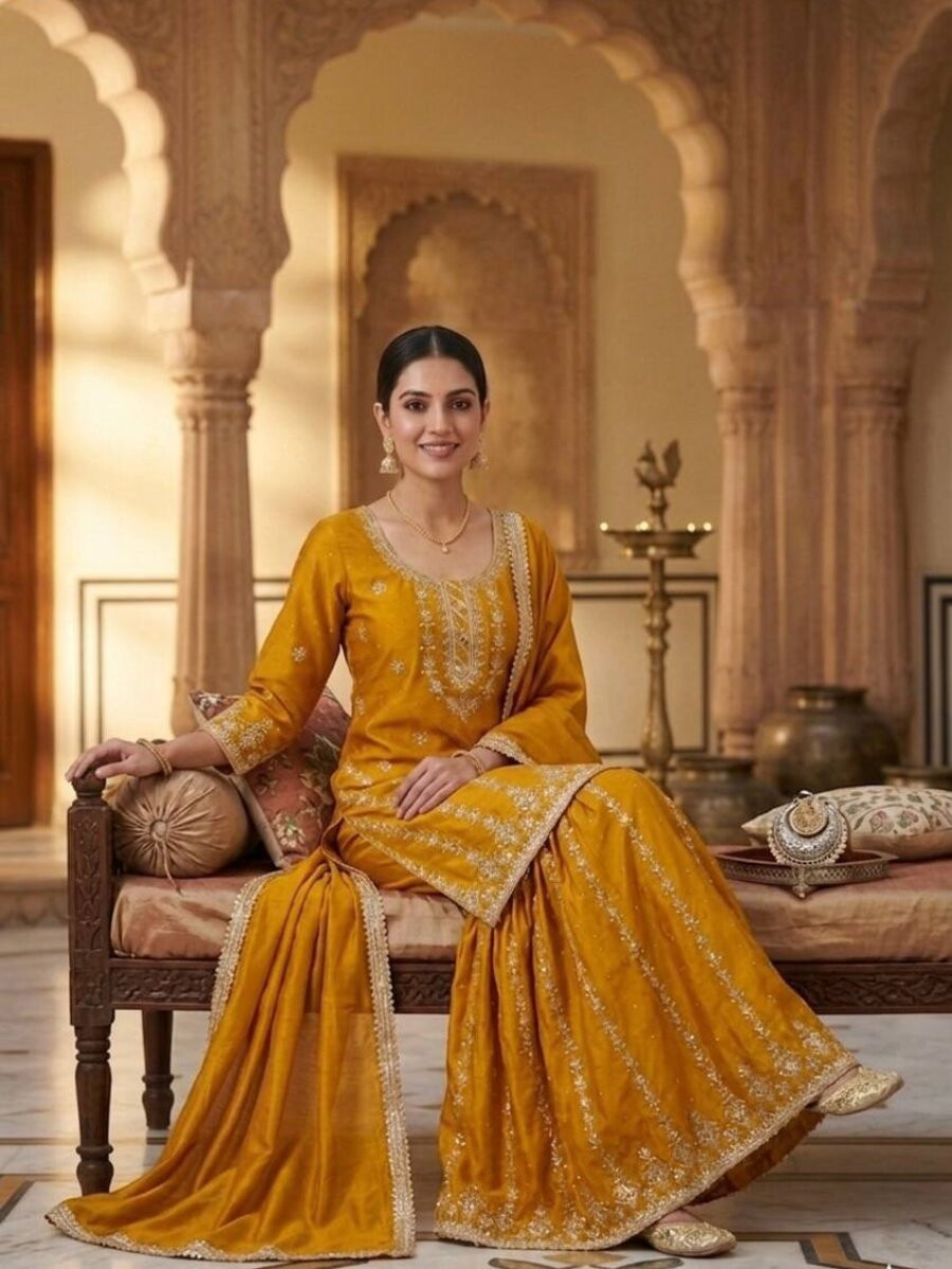 Mustard Pure Heavy Chinon Silk Embroidery Lace Work Wedding Party Festival Casual Ready Sharara Pant Salwar Kameez