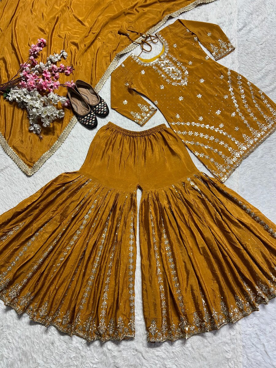 Mustard Pure Heavy Chinon Silk Embroidery Lace Work Wedding Party Festival Casual Ready Sharara Pant Salwar Kameez