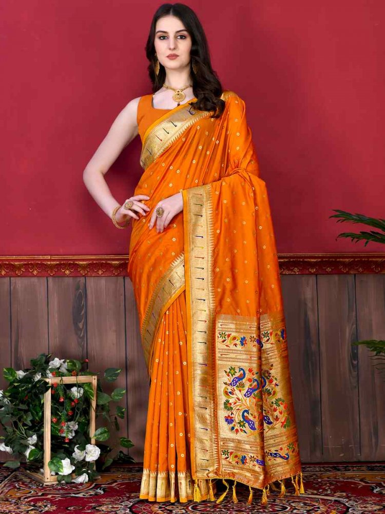 Mustard Pure Lichi Silk Handwoven Wedding Festival Heavy Border Saree