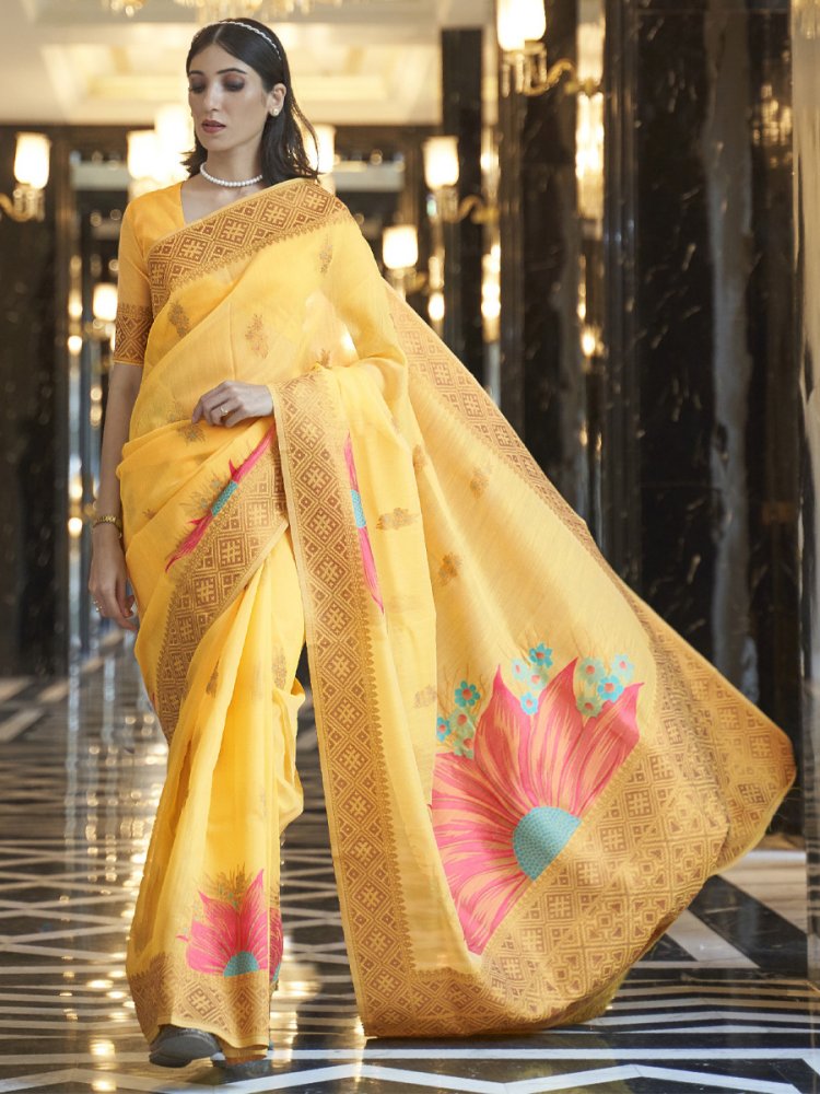 Mustard Pure Linen Handwoven Wedding Festival Heavy Border Saree