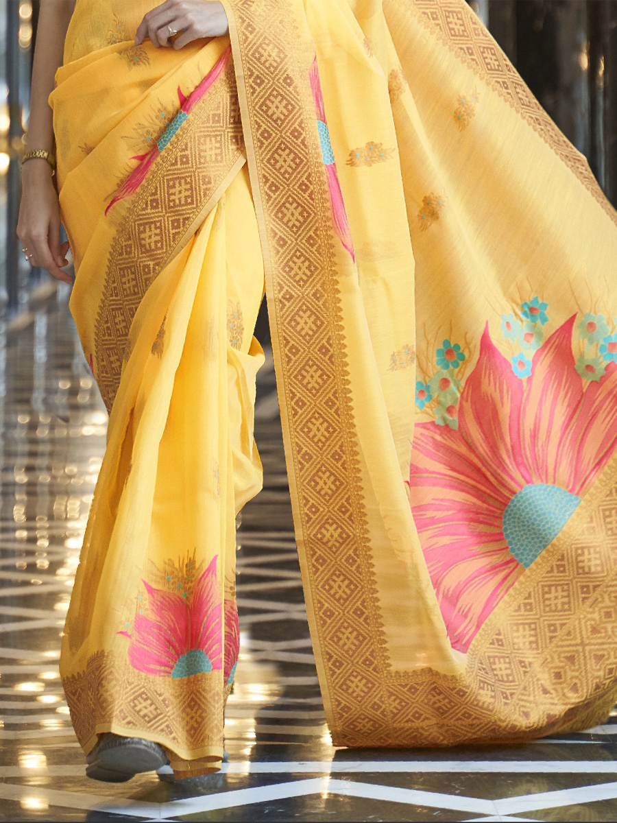 Mustard Pure Linen Handwoven Wedding Festival Heavy Border Saree