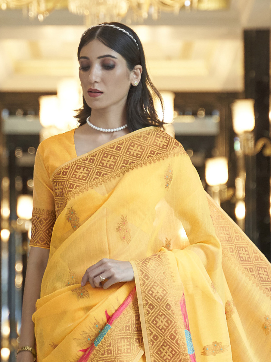 Mustard Pure Linen Handwoven Wedding Festival Heavy Border Saree