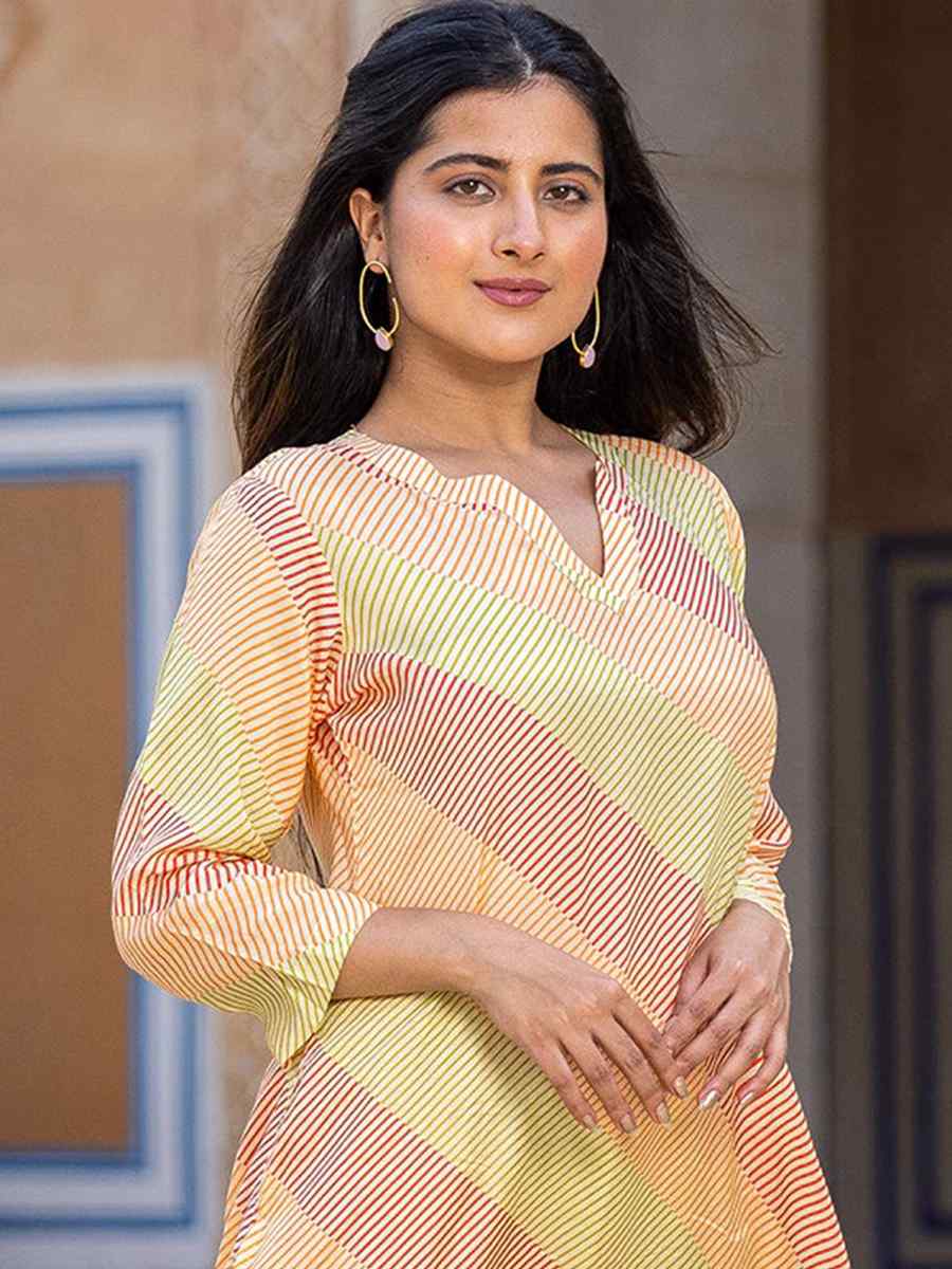 Mustard Pure Muslin Printed Festival Casual Kurti