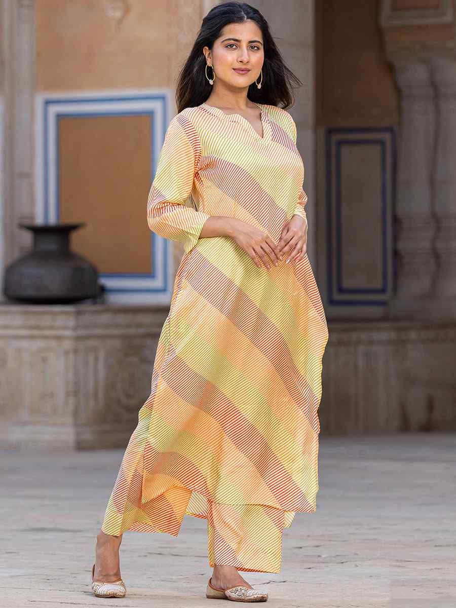 Mustard Pure Muslin Printed Festival Casual Kurti With Bottom