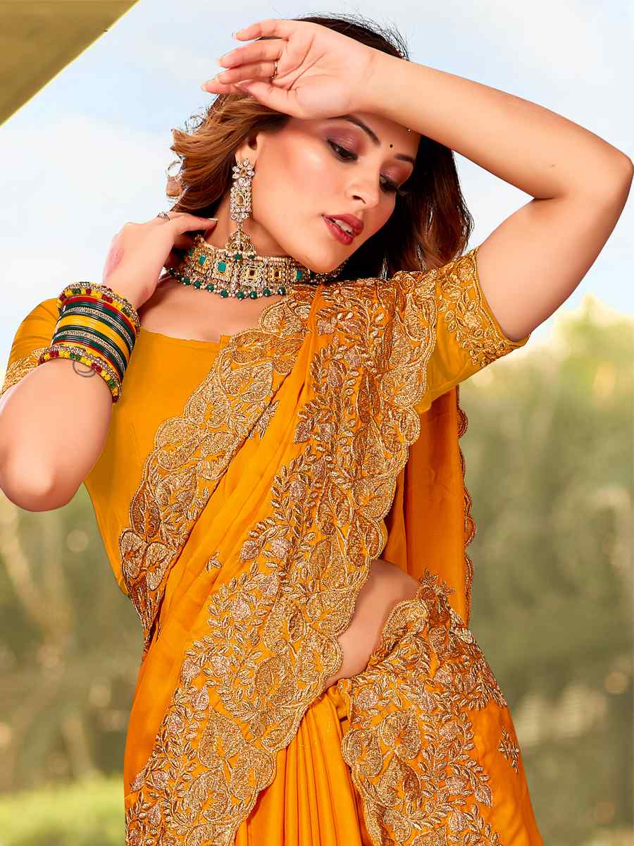 Mustard Pure Satin Embroidered Wedding Festival Heavy Border Saree