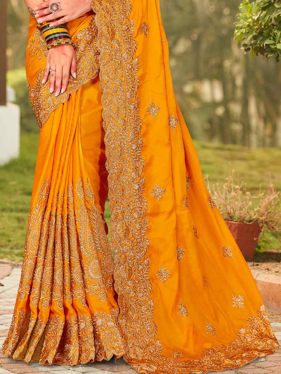 Mustard Pure Satin Embroidered Wedding Festival Heavy Border Saree