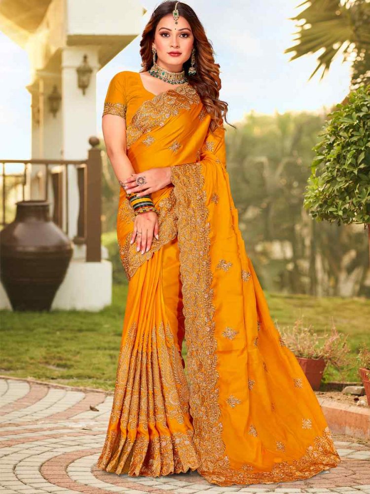 Mustard Pure Satin Embroidered Wedding Festival Heavy Border Saree