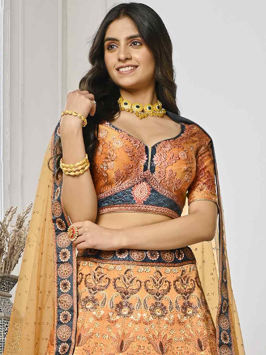 Mustard Pure Satin Silk Embroidered Mehendi Festival Circular Lehenga Choli