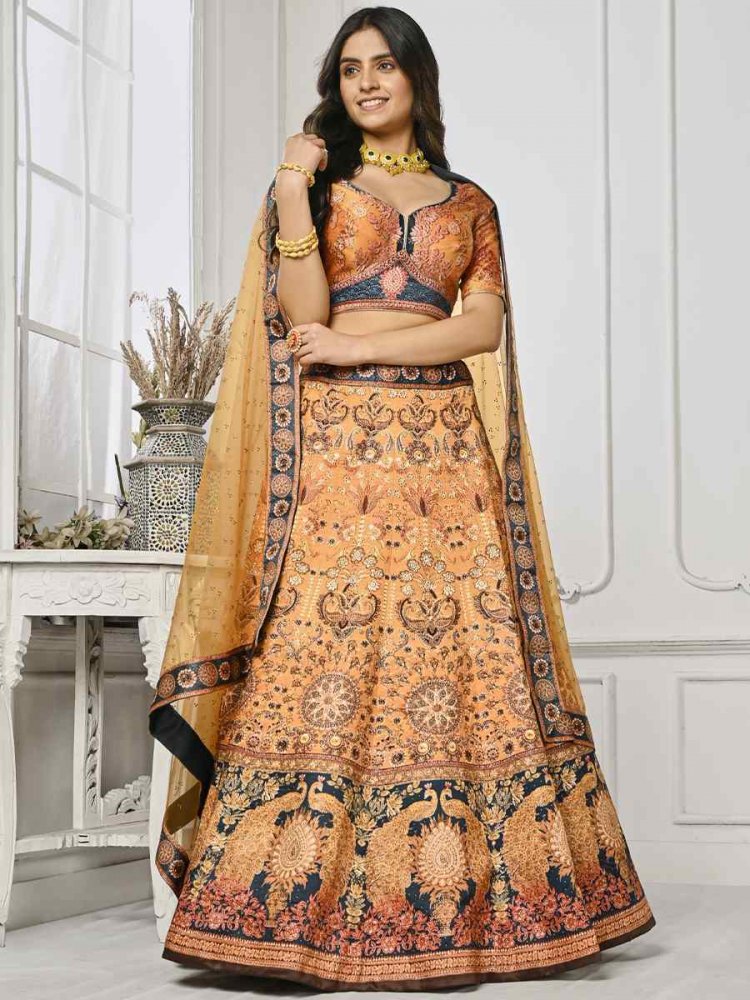 Mustard Pure Satin Silk Embroidered Mehendi Festival Circular Lehenga Choli