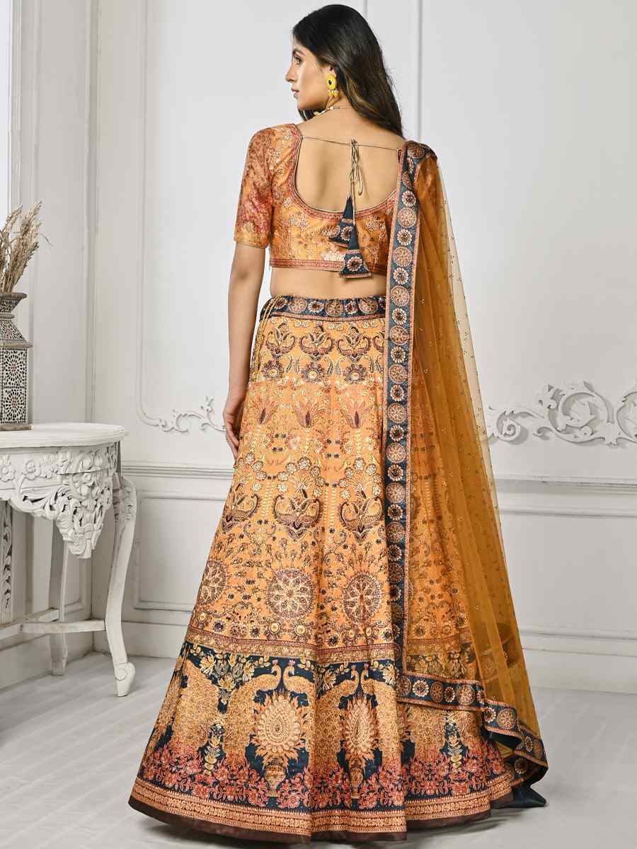 Mustard Pure Satin Silk Embroidered Mehendi Festival Circular Lehenga Choli