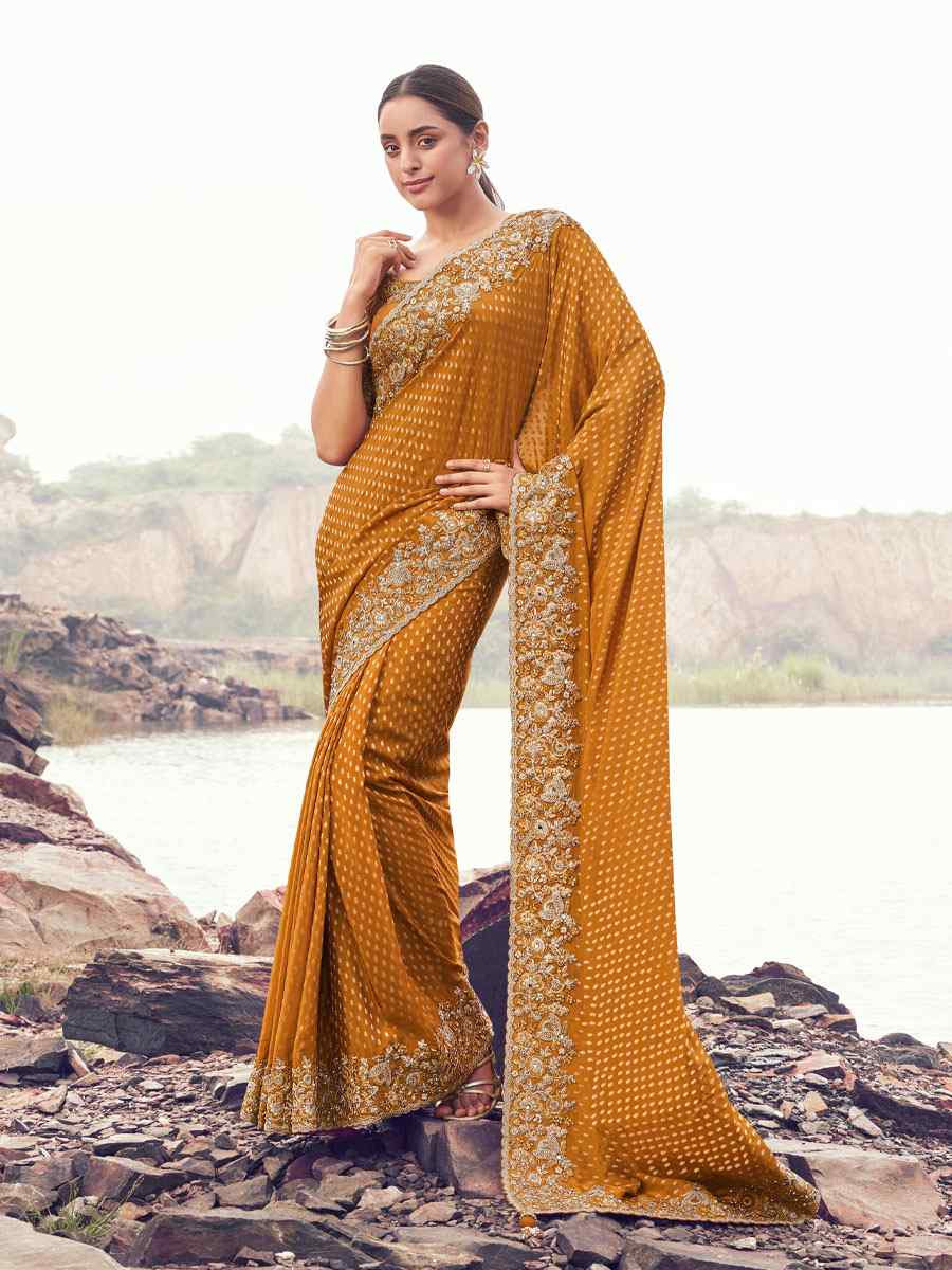 Mustard Pure Satin Silk With jacquard Embroidery Bridal Reception Festival Wedding Fancy Heavy Border Saree