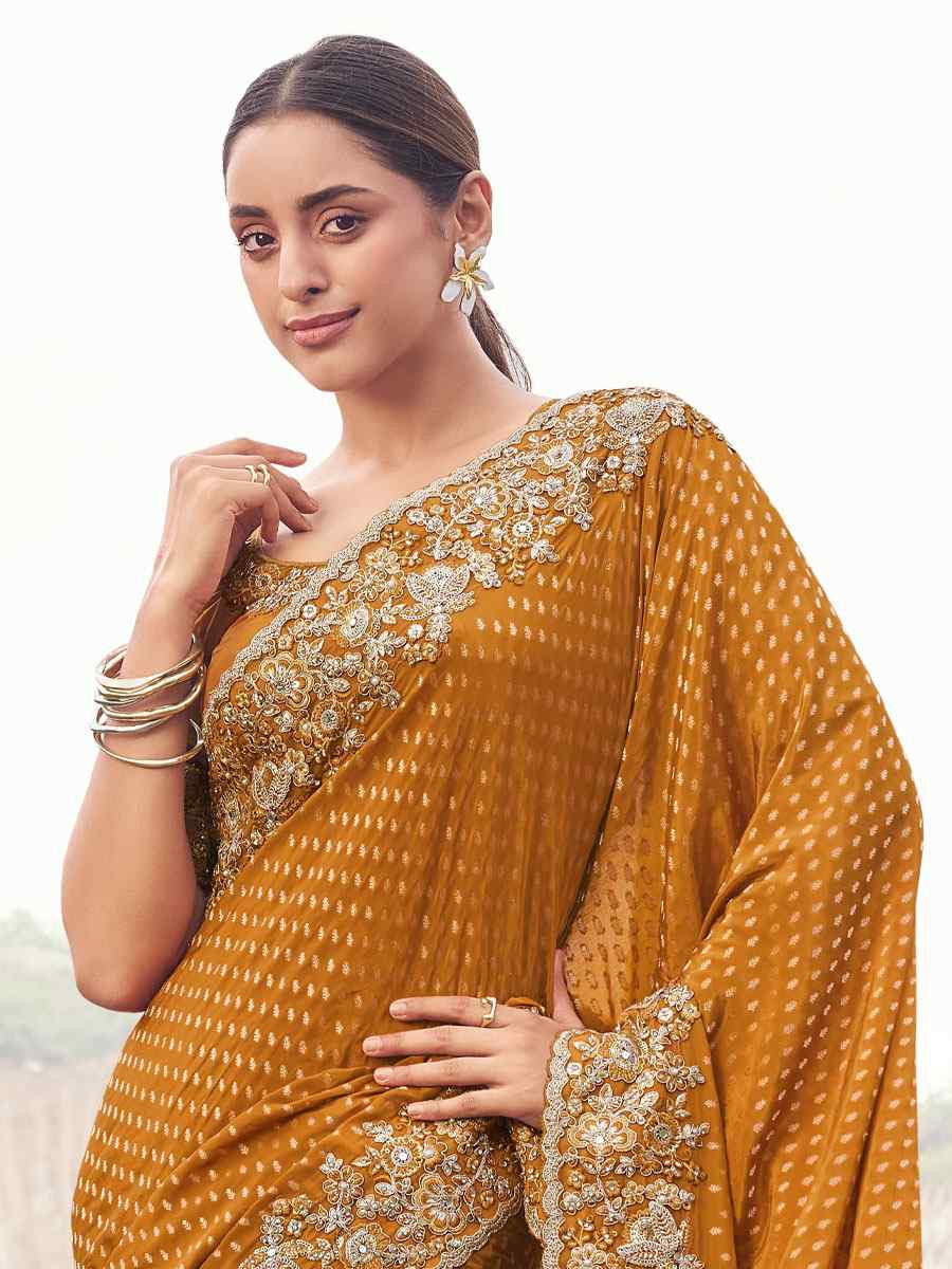 Mustard Pure Satin Silk With jacquard Embroidery Bridal Reception Festival Wedding Fancy Heavy Border Saree