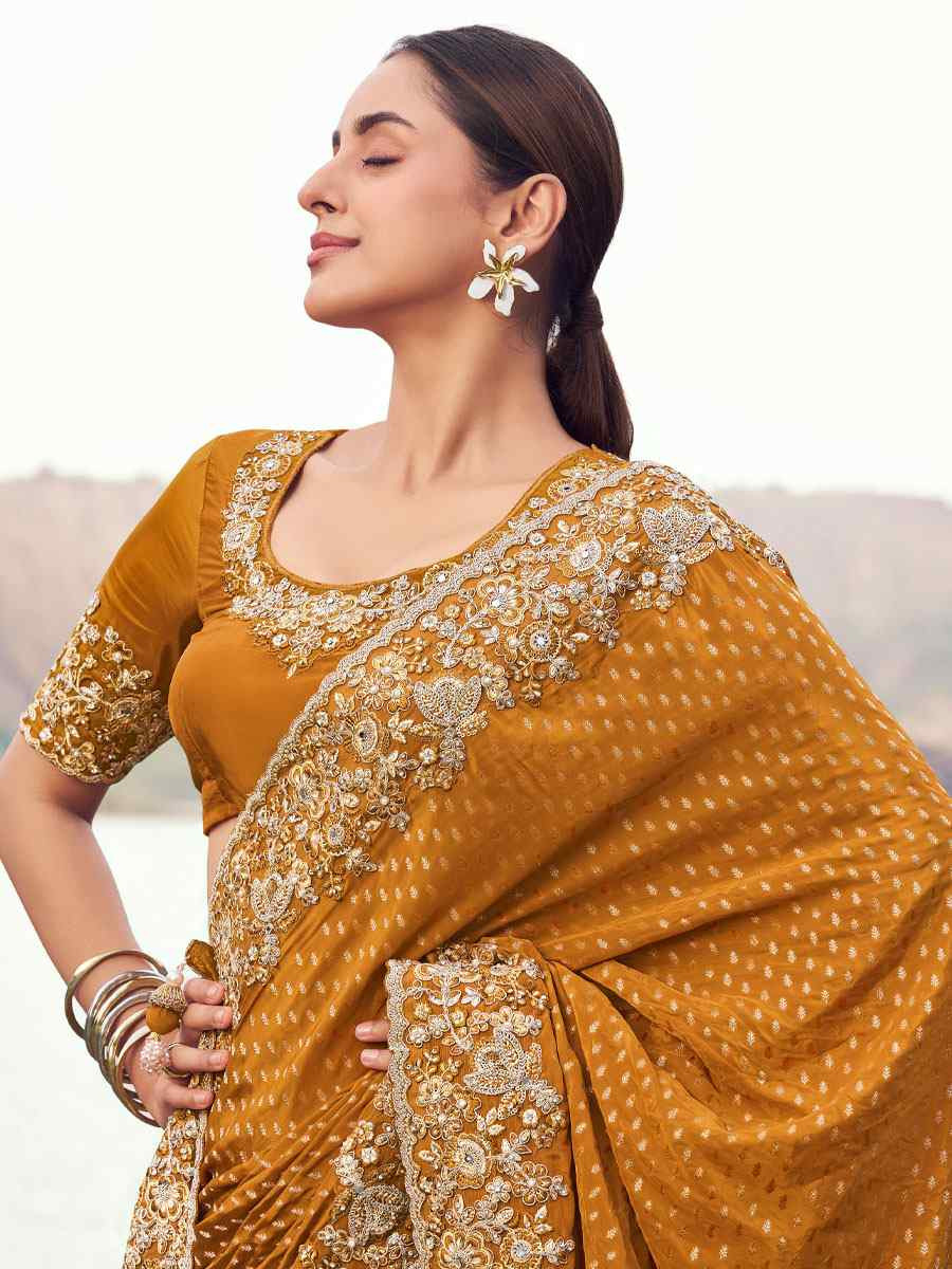 Mustard Pure Satin Silk With jacquard Embroidery Bridal Reception Festival Wedding Fancy Heavy Border Saree