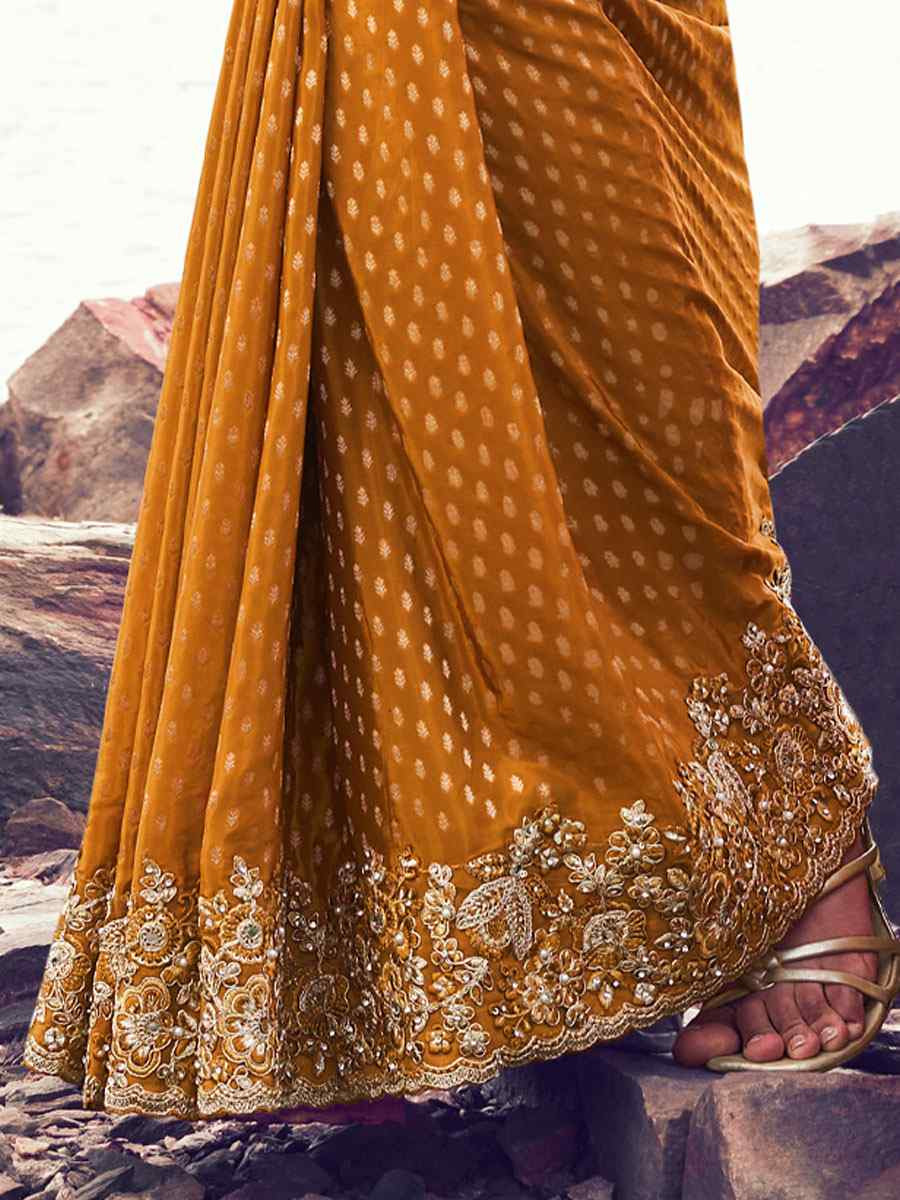 Mustard Pure Satin Silk With jacquard Embroidery Bridal Reception Festival Wedding Fancy Heavy Border Saree
