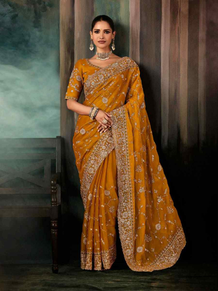 Image of Mustard Pure Silk Embroidery Bridal Reception Festival Wedding Fancy Classic Heavy Border Saree