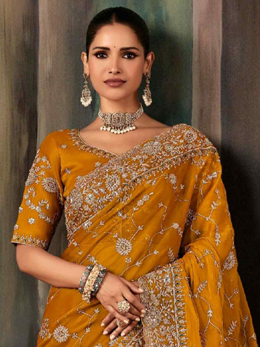 Mustard Pure Silk Embroidery Bridal Reception Festival Wedding Fancy Classic Heavy Border Saree