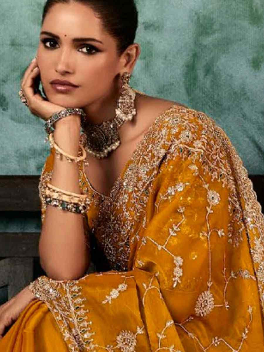 Mustard Pure Silk Embroidery Bridal Reception Festival Wedding Fancy Classic Heavy Border Saree