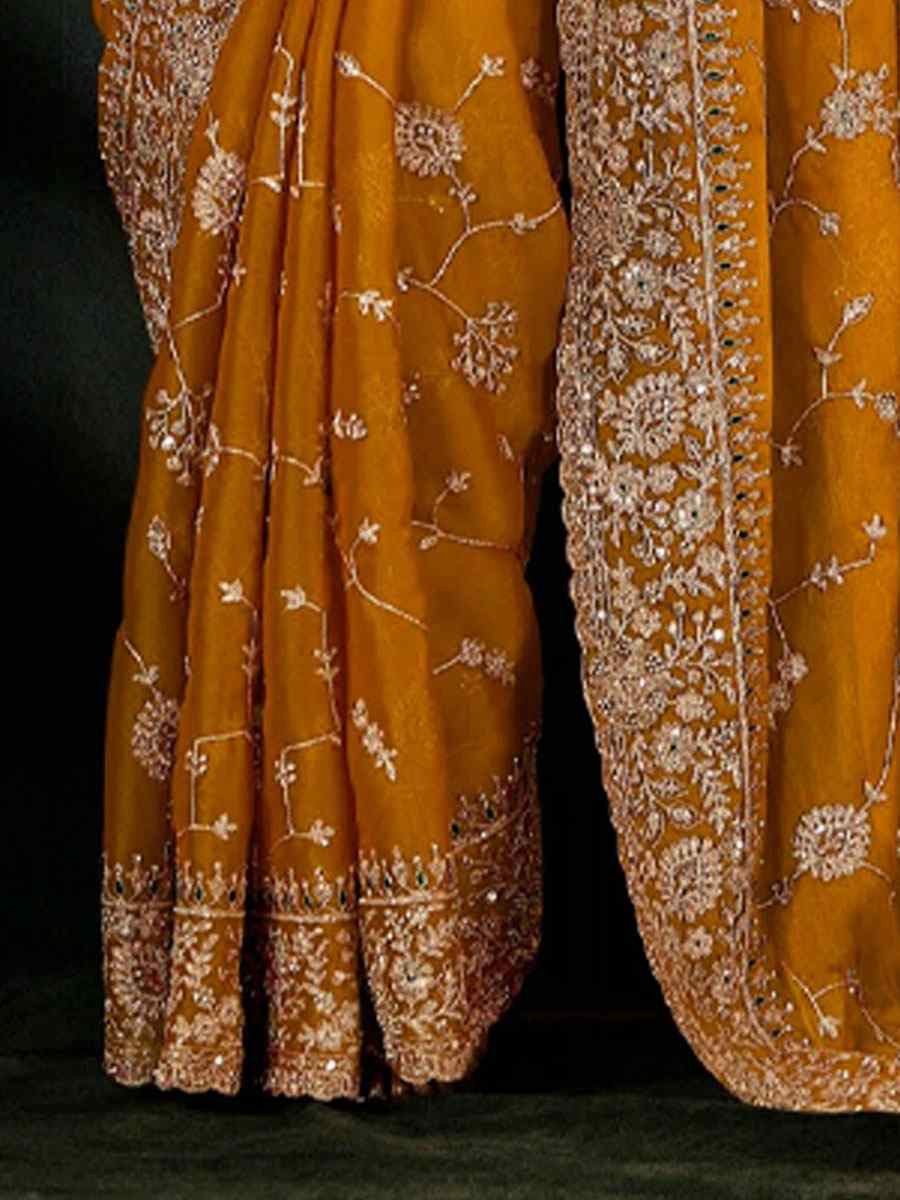 Mustard Pure Silk Embroidery Bridal Reception Festival Wedding Fancy Classic Heavy Border Saree