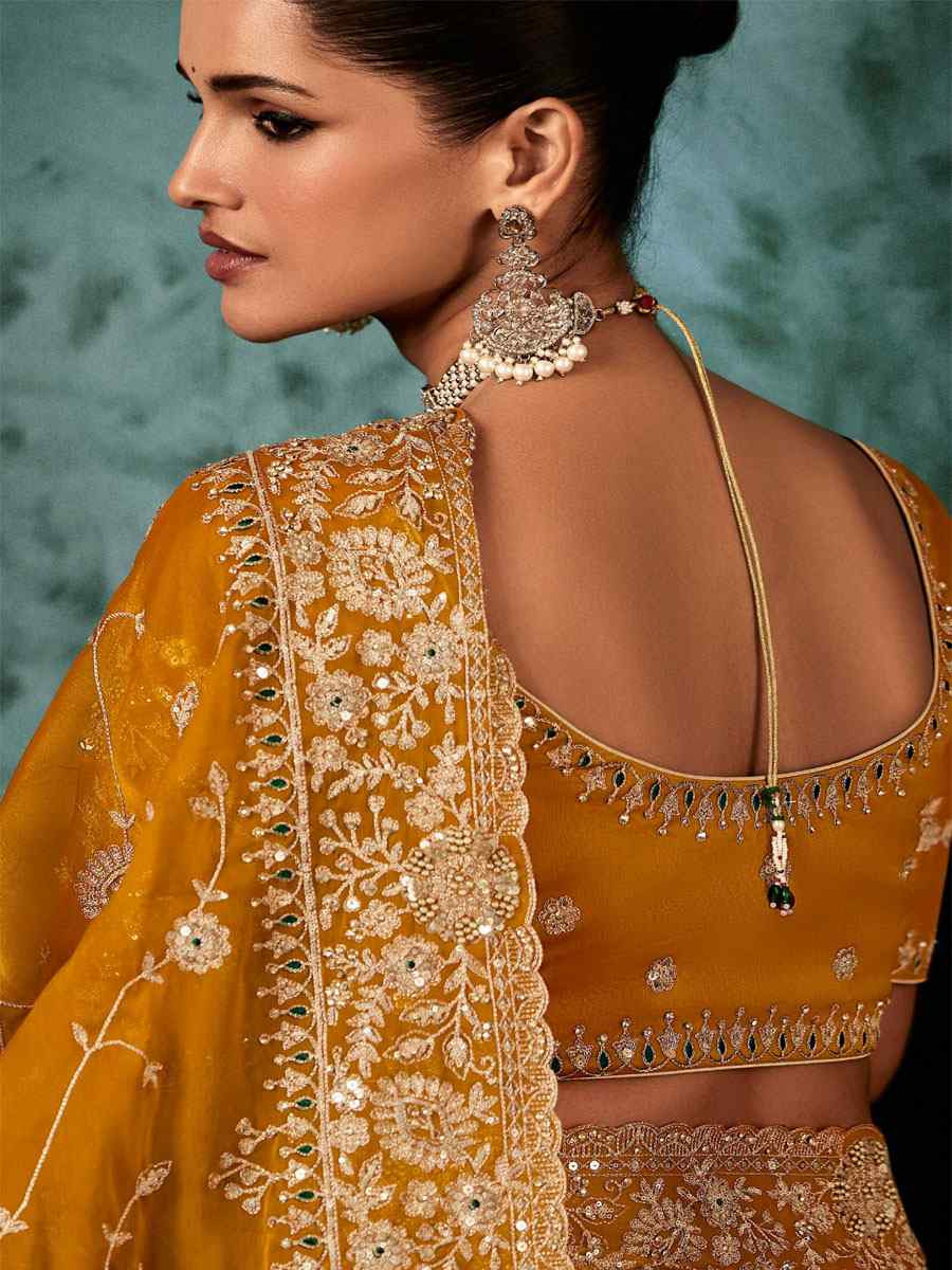 Mustard Pure Silk Embroidery Bridal Reception Festival Wedding Fancy Classic Heavy Border Saree