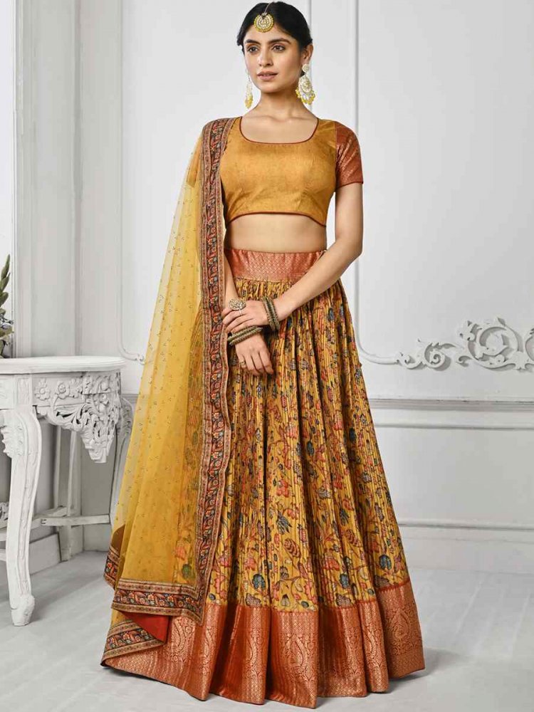 Mustard Pure Silk Printed Mehendi Festival Circular Lehenga Choli