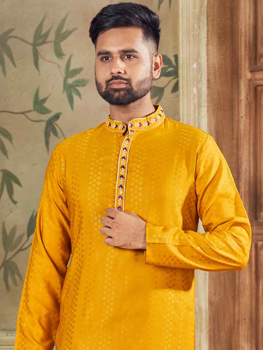 Mustard Pure Viscose Embroidered Festival Casual Kurta