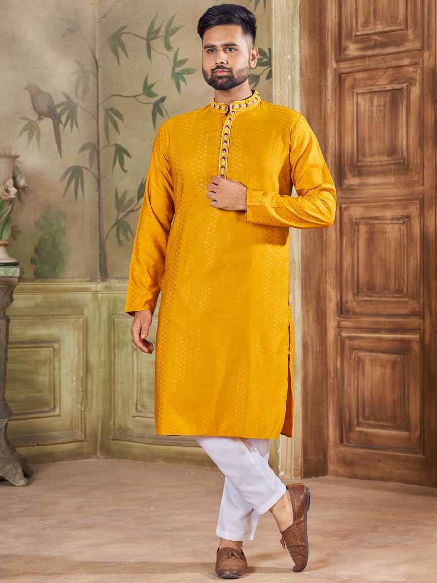 Mustard Pure Viscose Embroidered Festival Casual Kurta