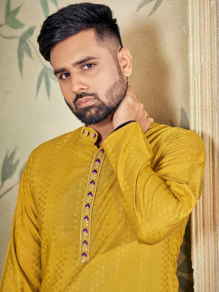 Mustard Pure Viscose Embroidered Festival Casual Kurta