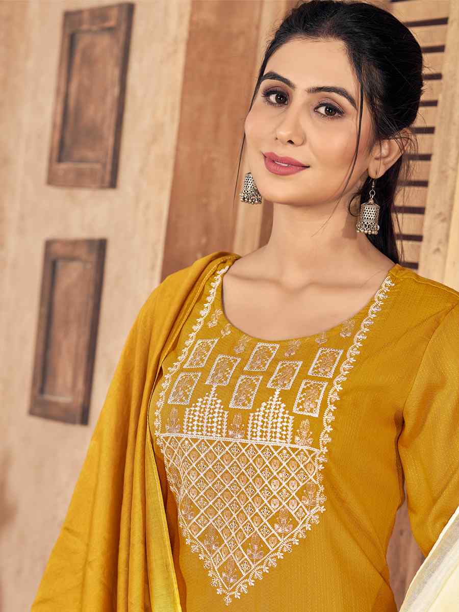 Mustard Pure Viscose Embroidered Festival Casual Ready Pant Salwar Kameez