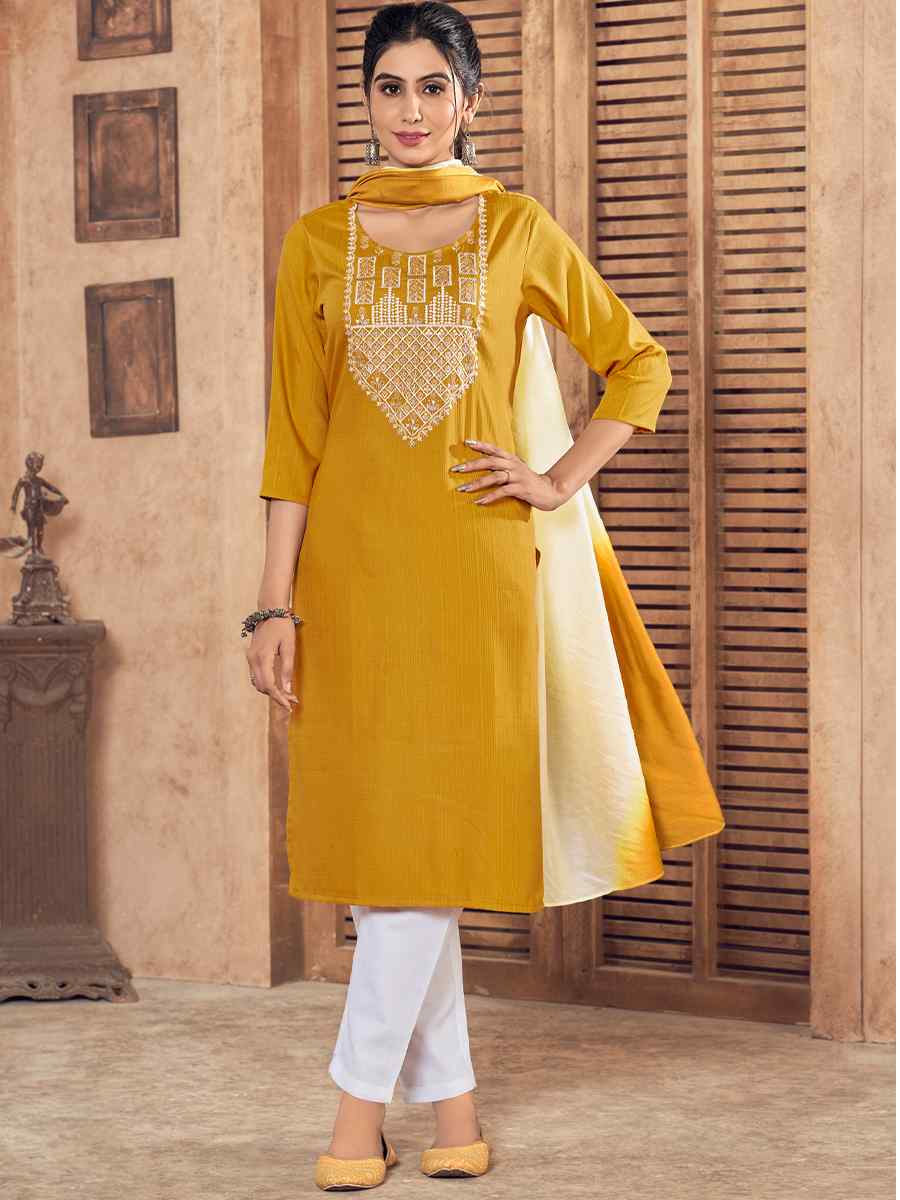 Mustard Pure Viscose Embroidered Festival Casual Ready Pant Salwar Kameez