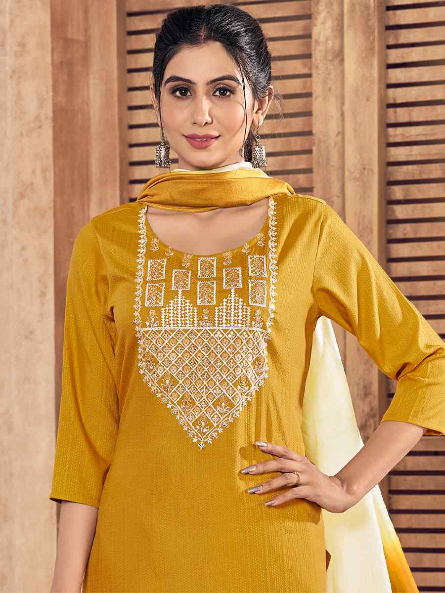 Mustard Pure Viscose Embroidered Festival Casual Ready Pant Salwar Kameez