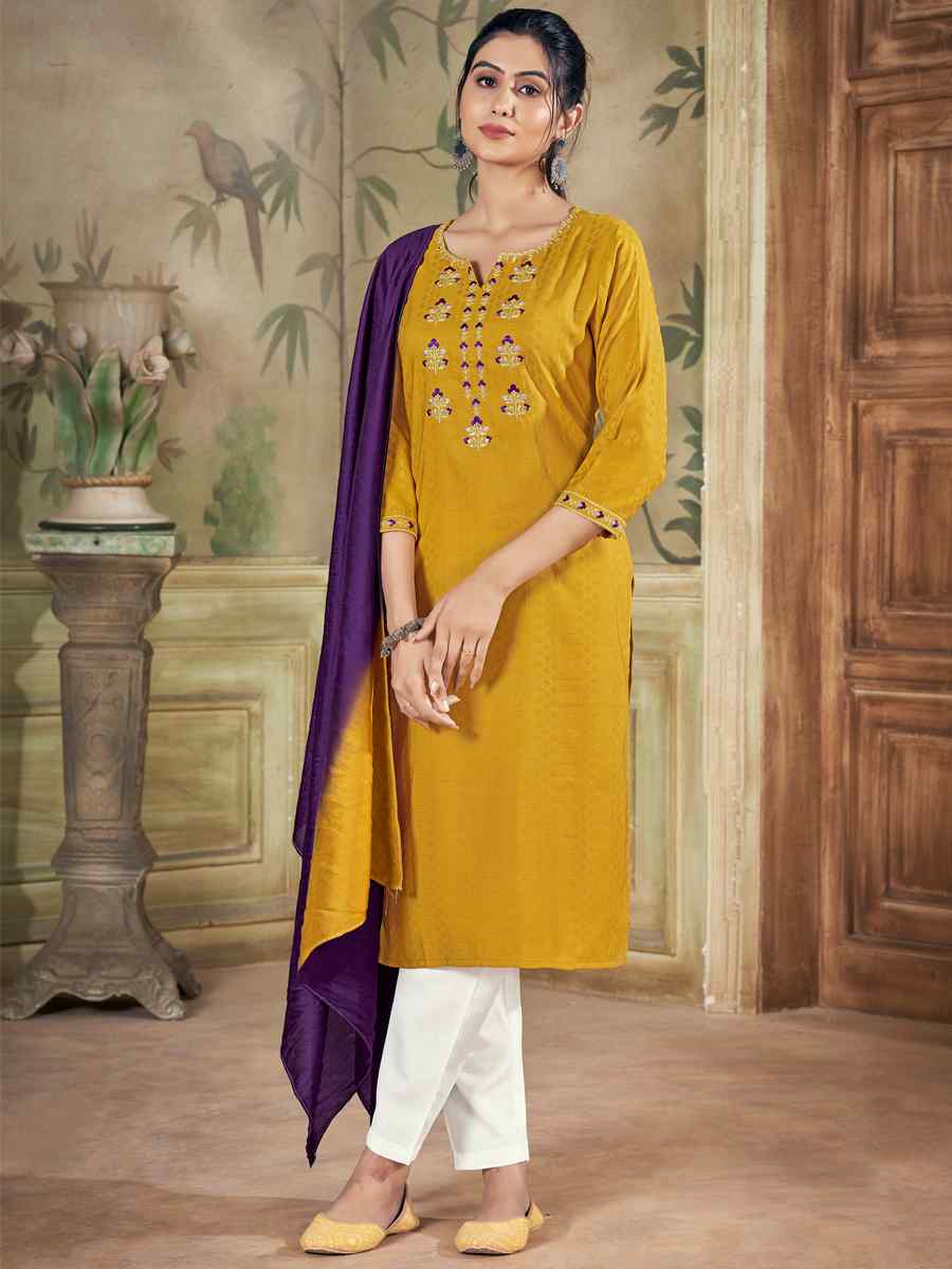 Mustard Pure Viscose Embroidered Festival Casual Ready Pant Salwar Kameez